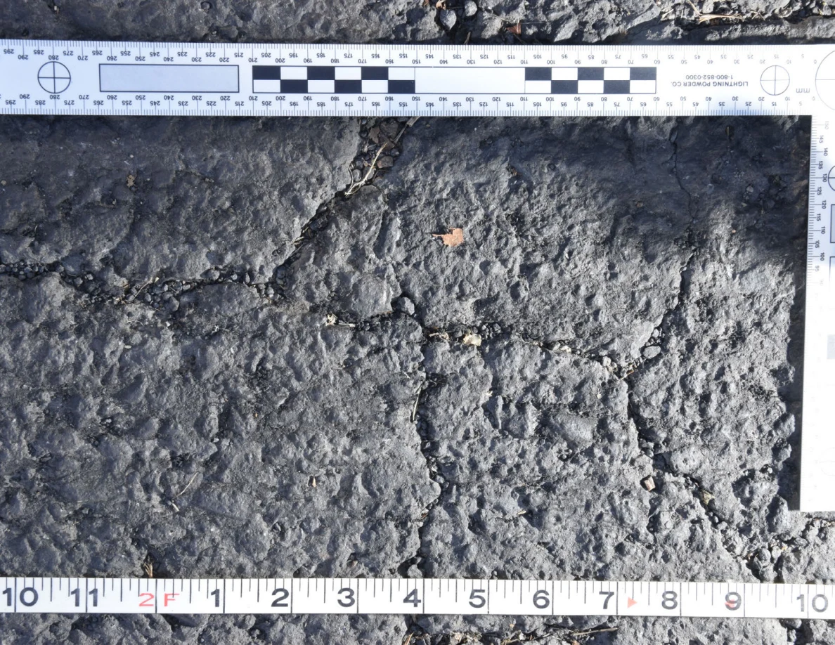 Cracked asphalt with a small brown leaf and grit in the fissures, framed by an L-shaped scale and measuring tape.