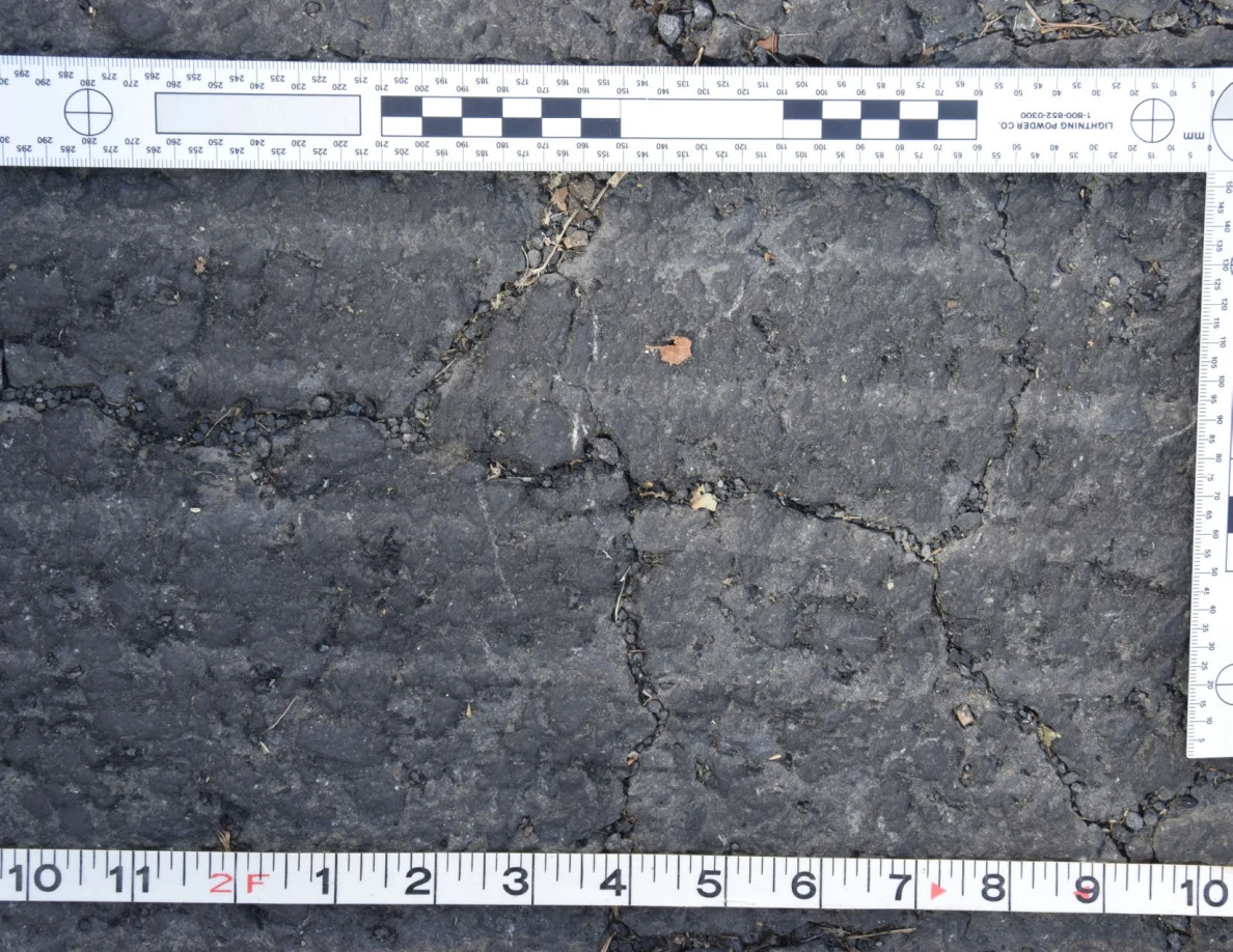 Cracked asphalt with a small brown leaf and grit in the fissures, framed by an L-shaped scale and measuring tape.