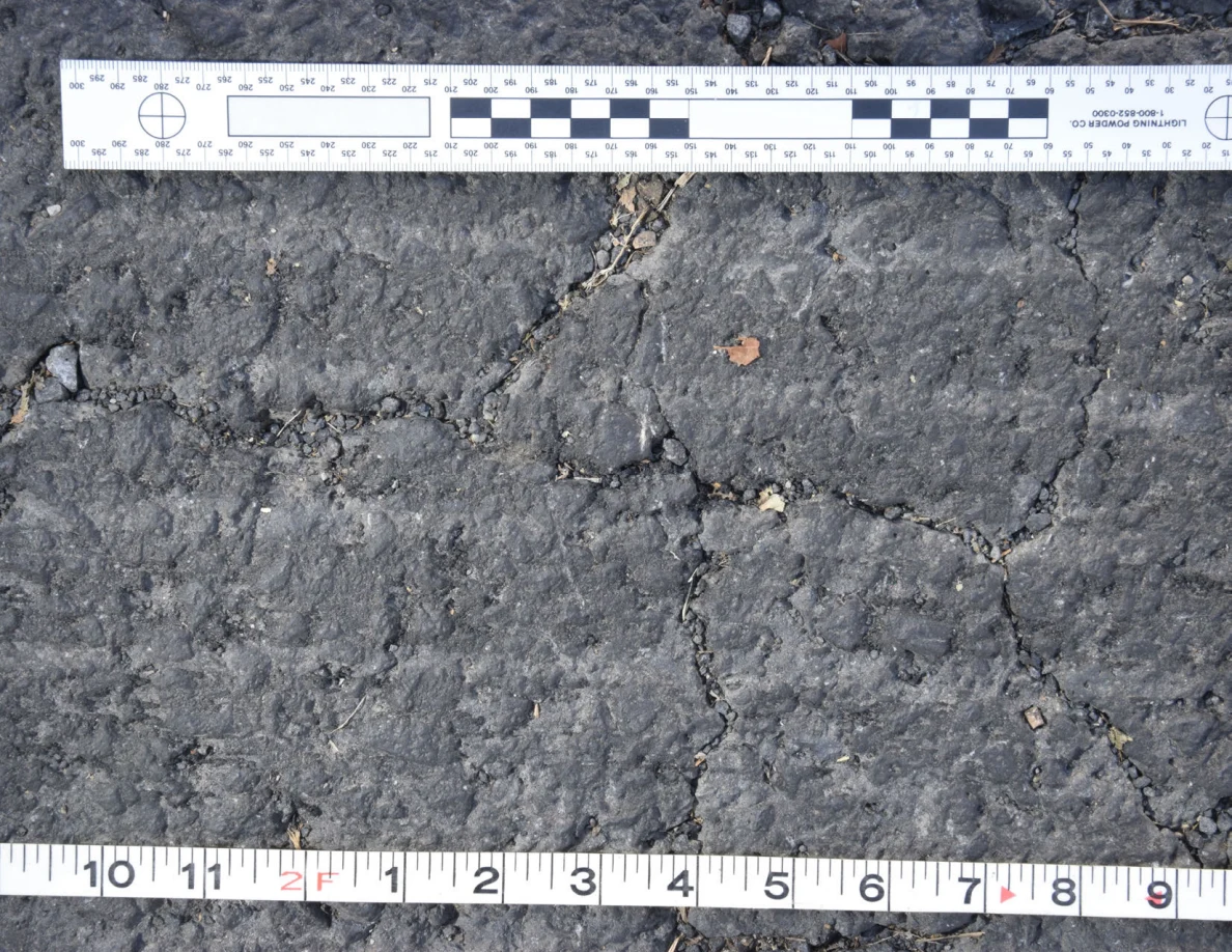 Cracked asphalt with a small brown leaf and grit in the fissures, framed by an L-shaped scale and measuring tape.