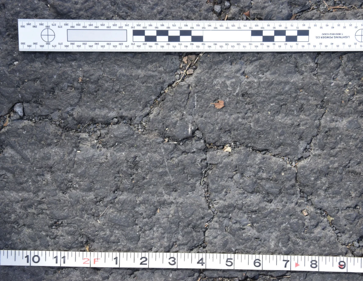 Cracked asphalt with a small brown leaf and grit in the fissures, framed by an L-shaped scale and measuring tape.