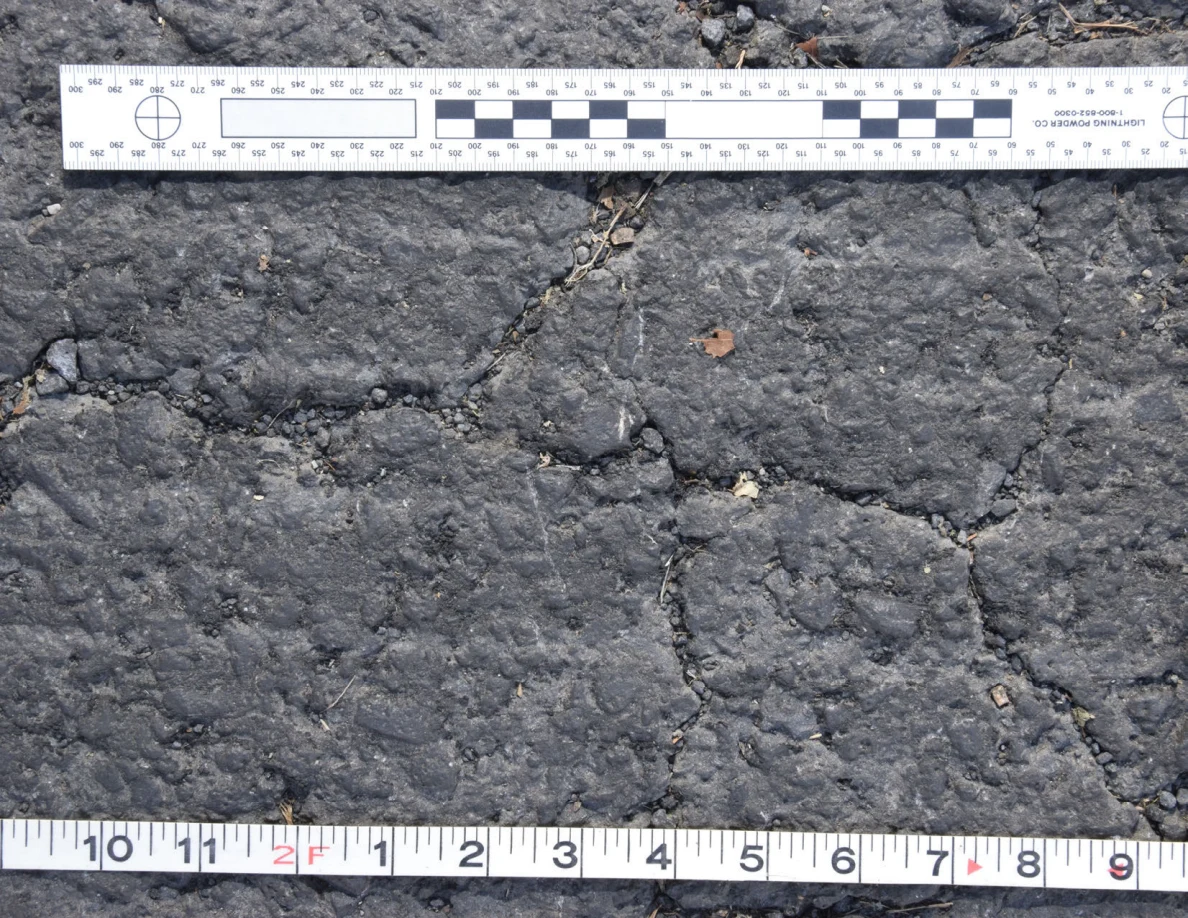 Cracked asphalt with a small brown leaf and grit in the fissures, framed by an L-shaped scale and measuring tape.