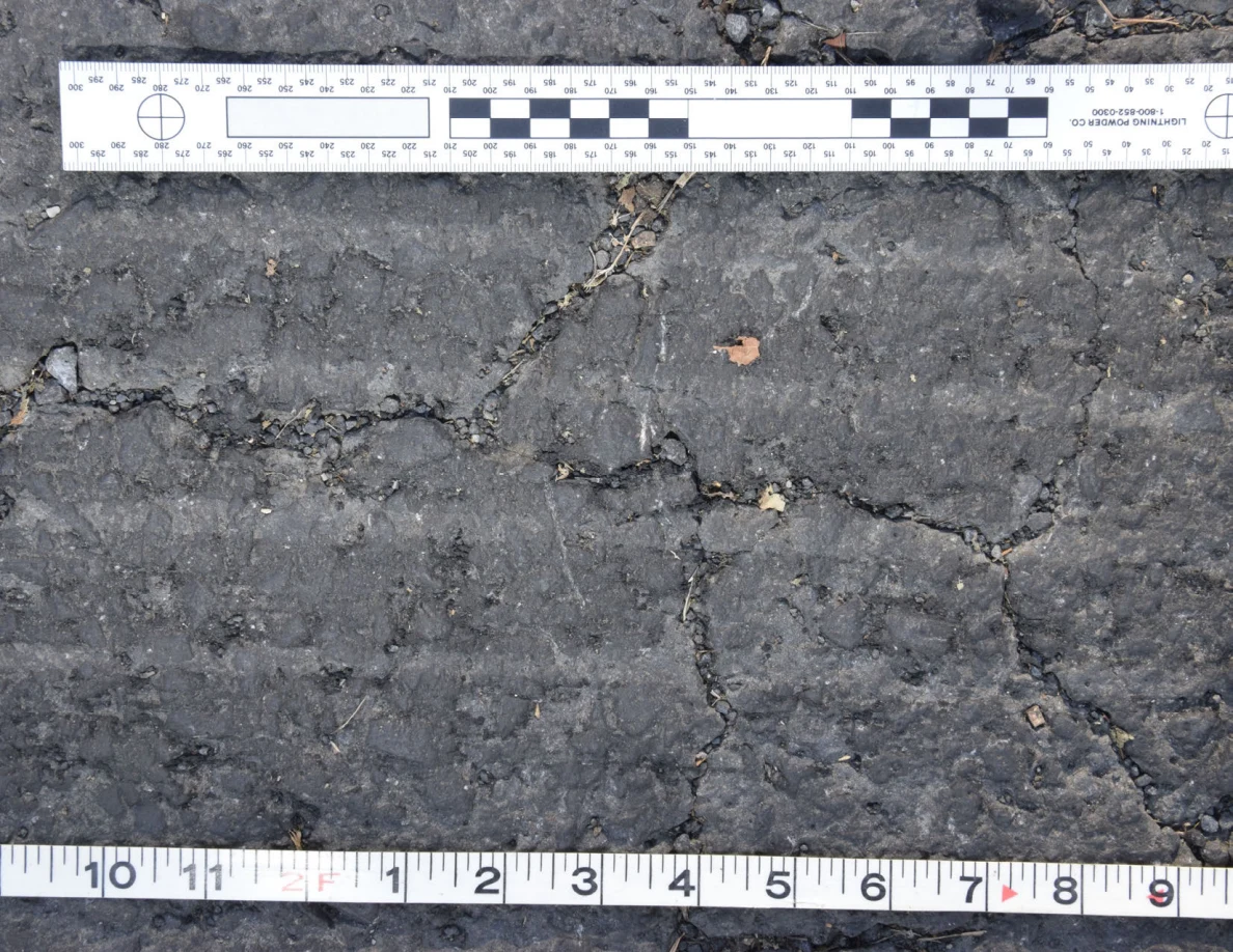 Cracked asphalt with a small brown leaf and grit in the fissures, framed by an L-shaped scale and measuring tape.