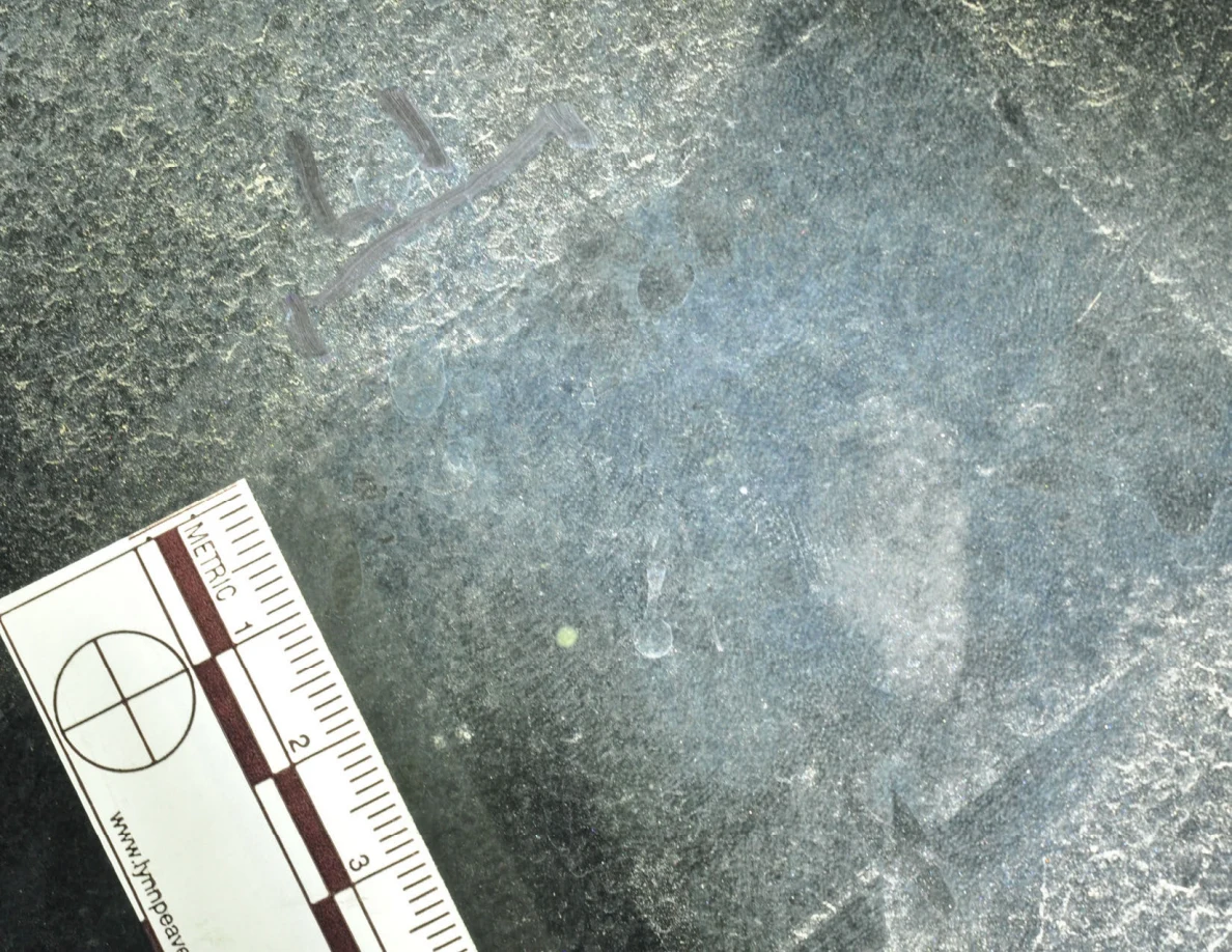 Illuminated close-up of glass with an arrow-shaped marker, a small pale dot and a metric scale.