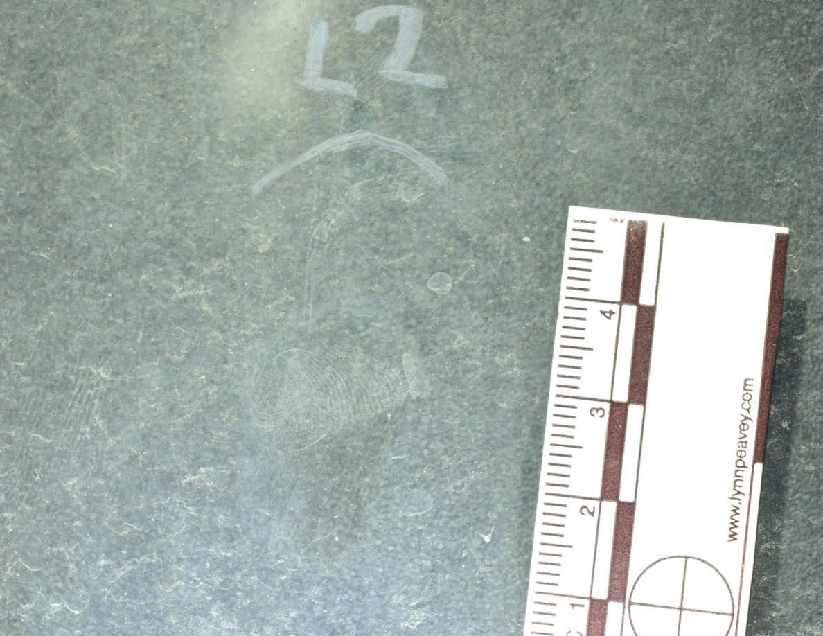 Glass marked L2 and an arrow, with a metric scale beside faint curved surface marks.
