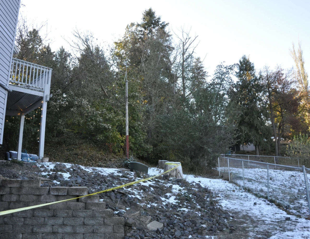 Raised deck edge above a snowy slope with trees, fence and a wooden pole.