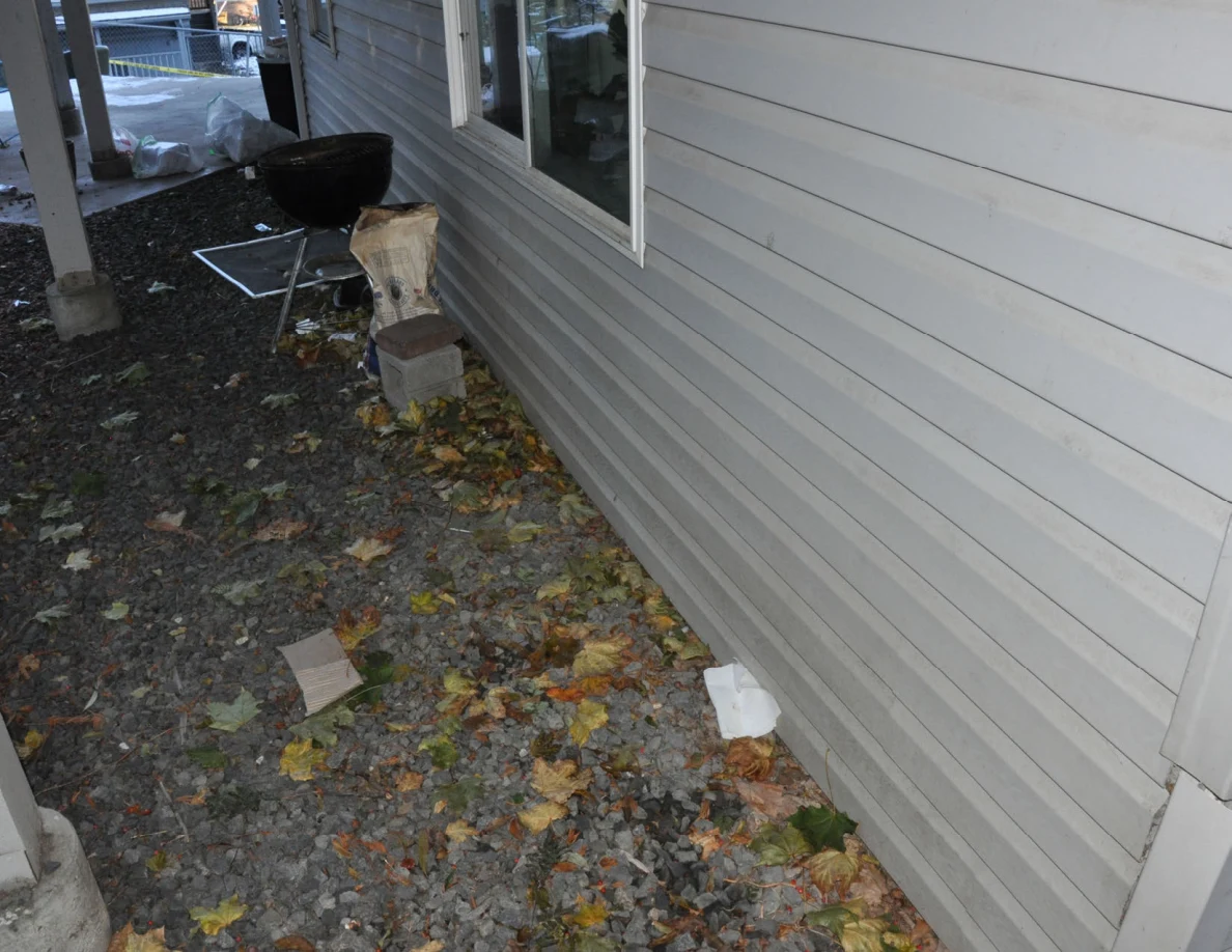 Gray siding and window above leaf-covered gravel, beside a kettle grill and tree stump.