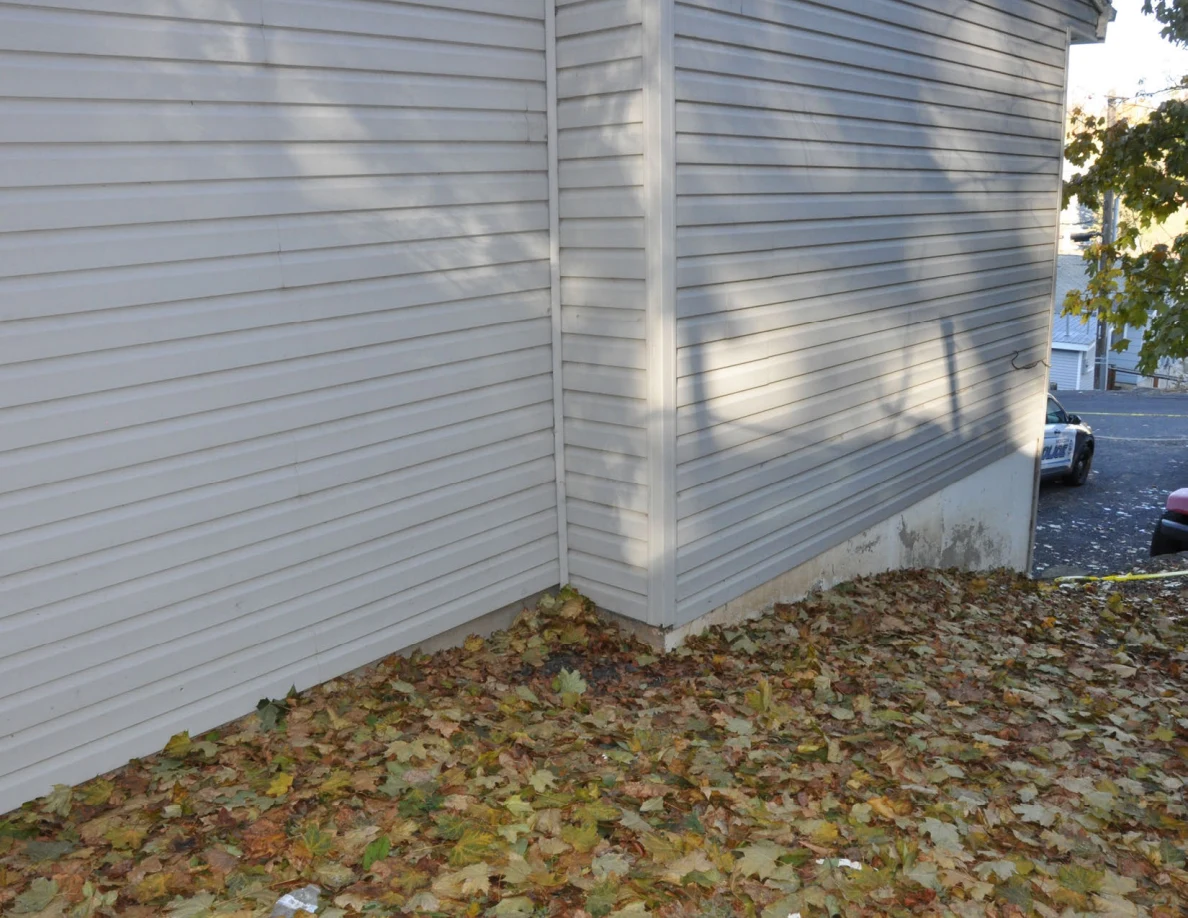 Lower house corner above a slope covered in fallen leaves.