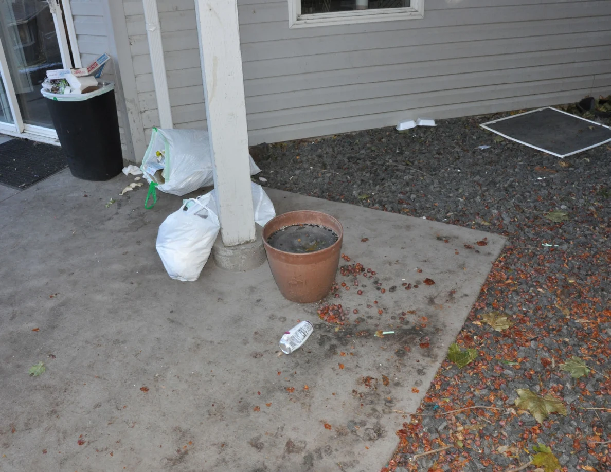 Patio support post beside a plant pot, white bags, trash bin and scattered litter.