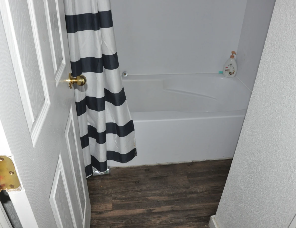 White bathtub and striped shower curtain, with a pump bottle on the tub edge.