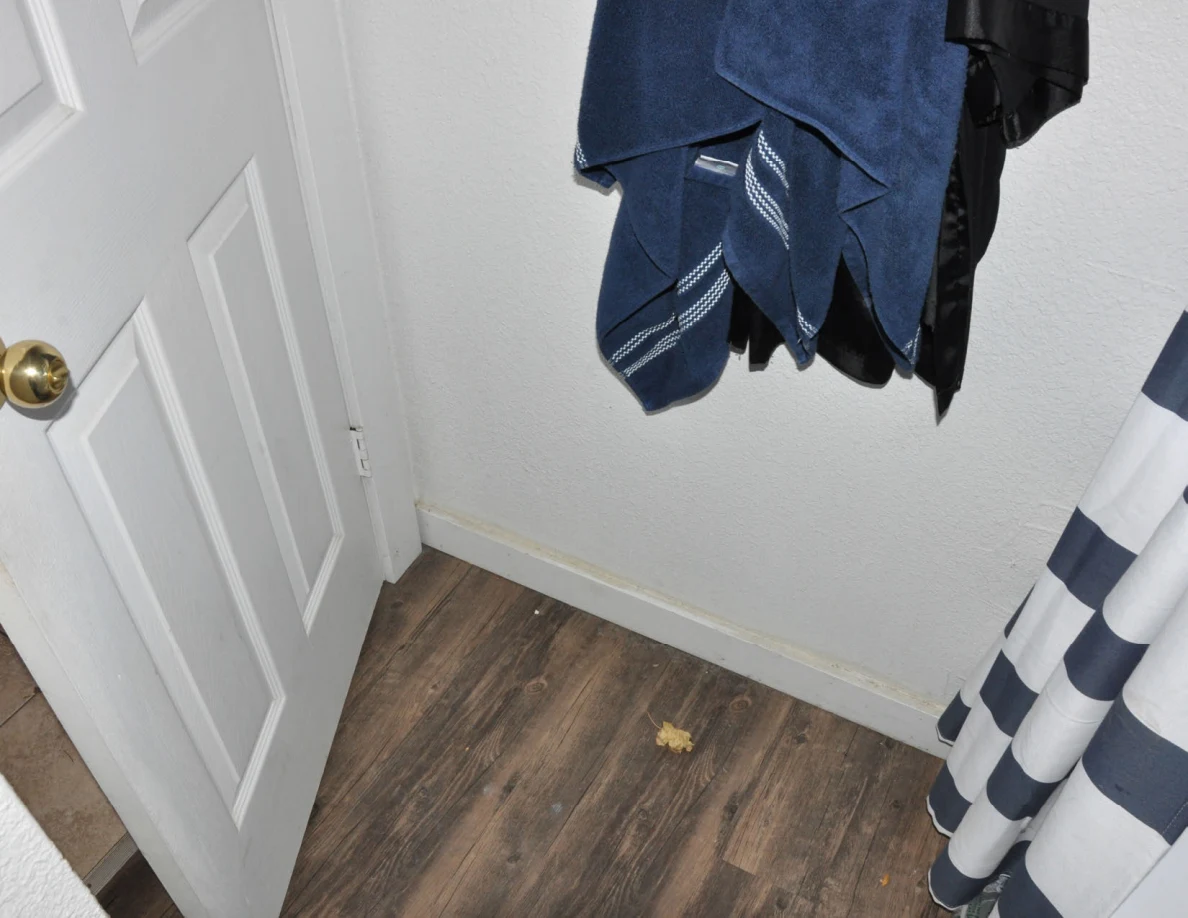 Blue towels and dark fabric hanging beside the bathroom door above wood-look flooring.