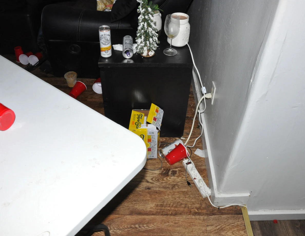 Side cabinet with small decorative tree and glassware, beside loose cups, a carton and power strip.
