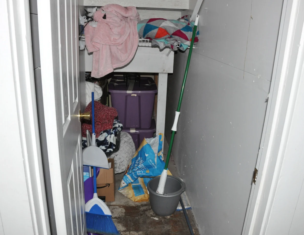 Storage closet holding mop, bucket, broom, folded linens, bags and a purple bin.
