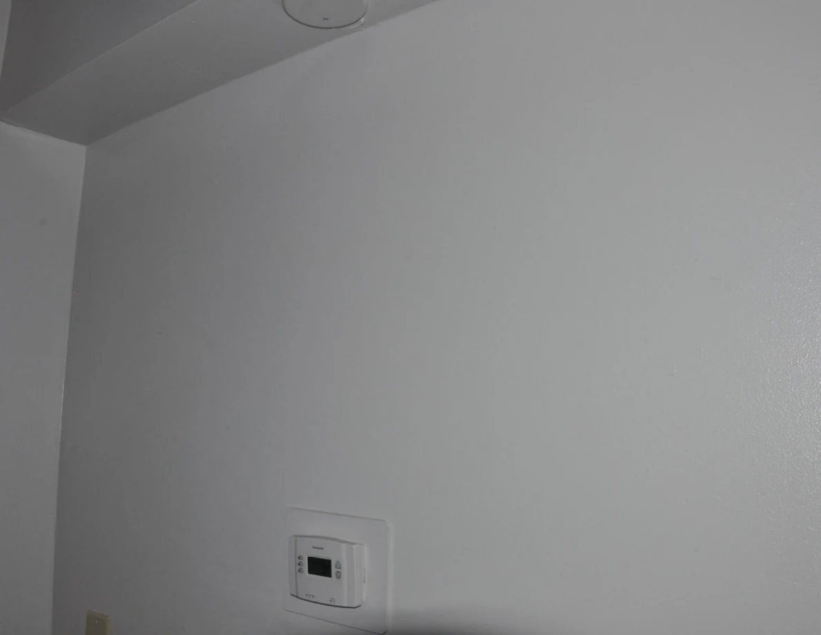 Thermostat on a plain white hallway wall below a ceiling fixture.