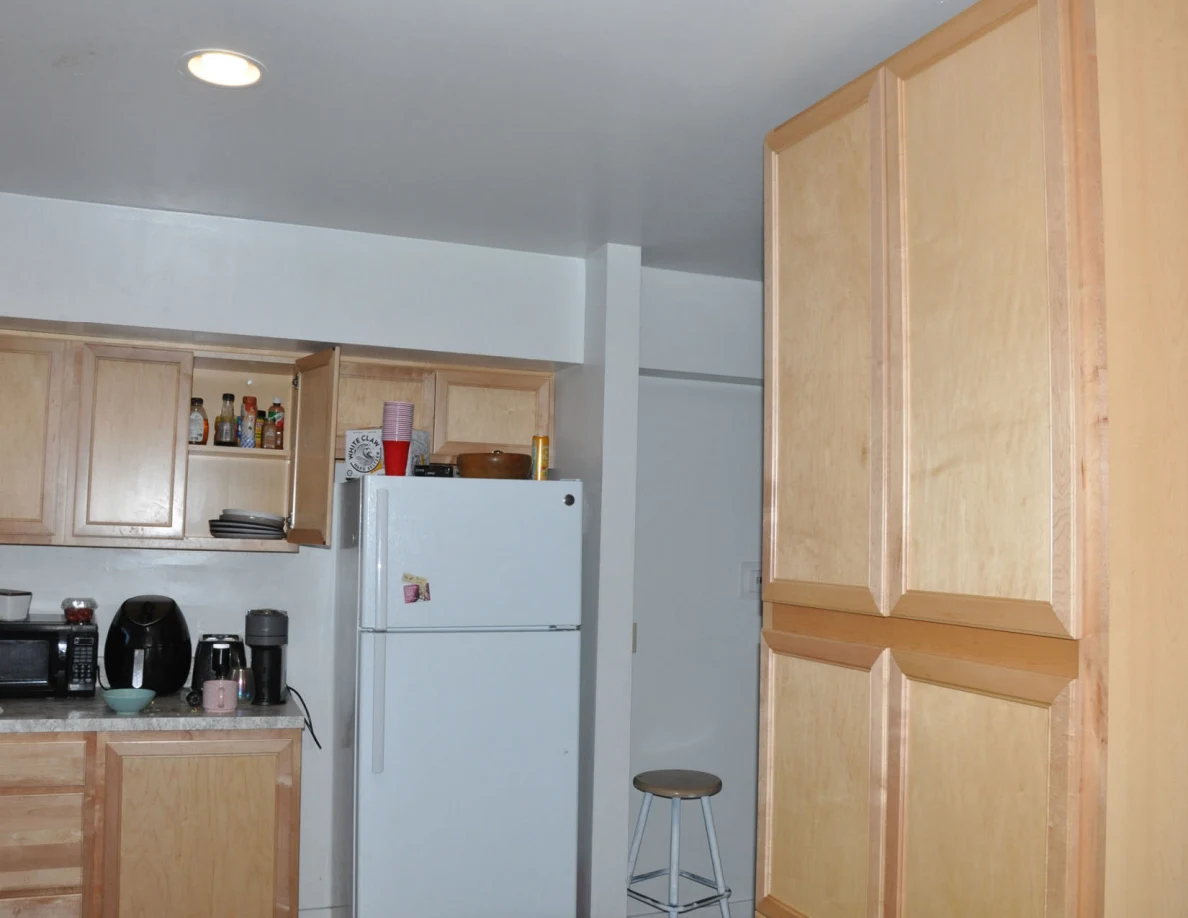 Upper kitchen cabinets, refrigerator and tall pantry cabinet beneath ceiling lights.