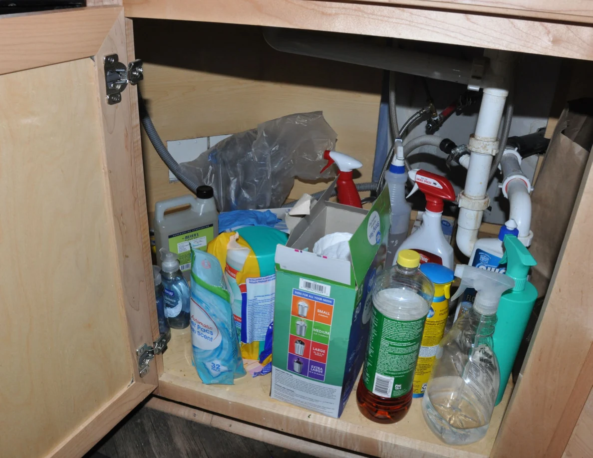 Under-sink plumbing above cleaning sprays, bottles, boxes and plastic bags.
