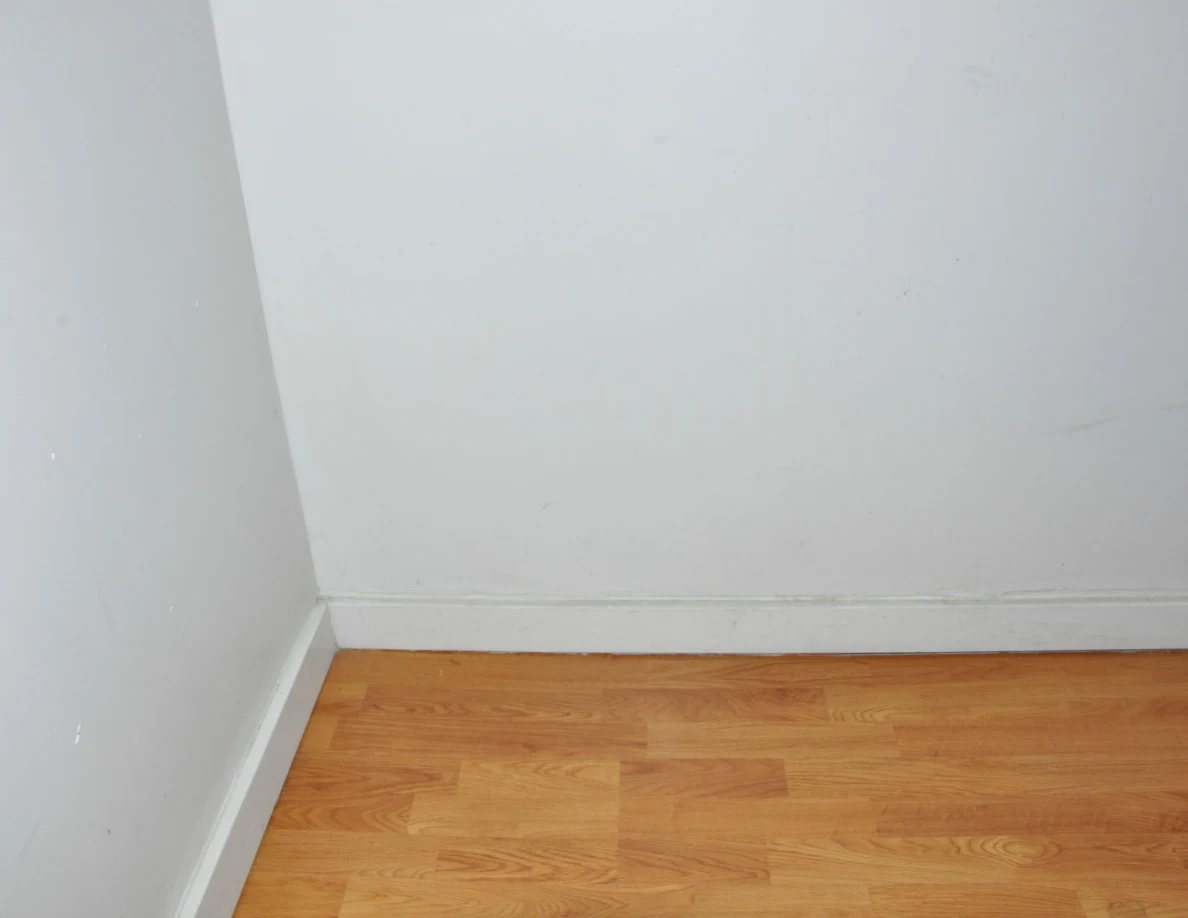 White baseboard and wall above a wooden landing.