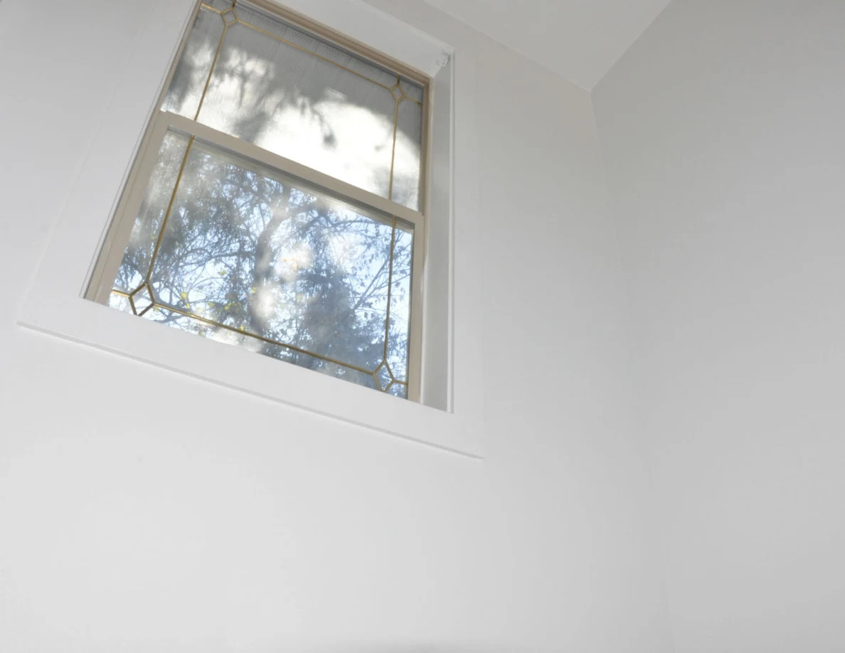 High stairwell window with decorative glass border and tree reflections.