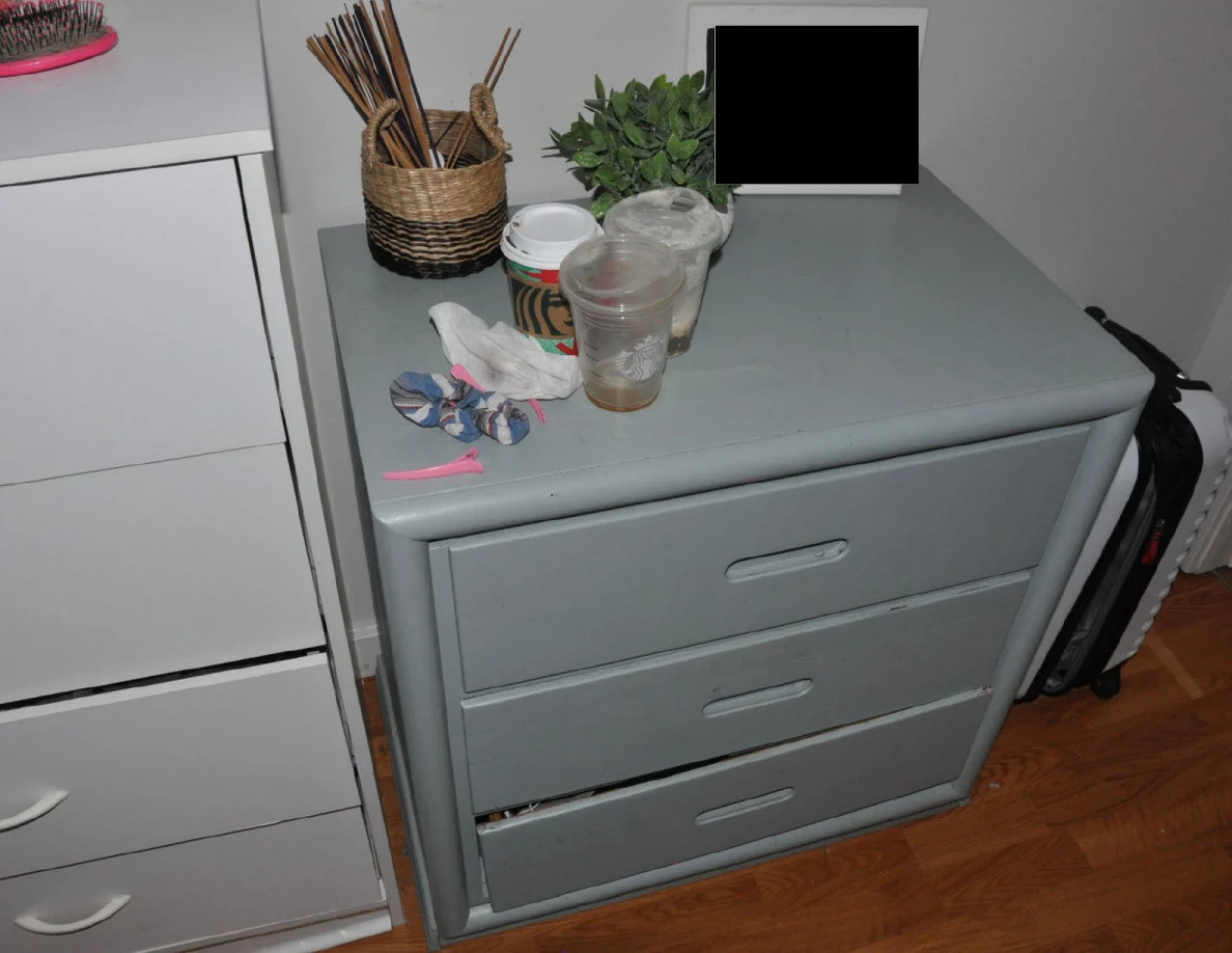 Gray dresser topped with cups, a plant, reed diffuser and a redacted framed item.