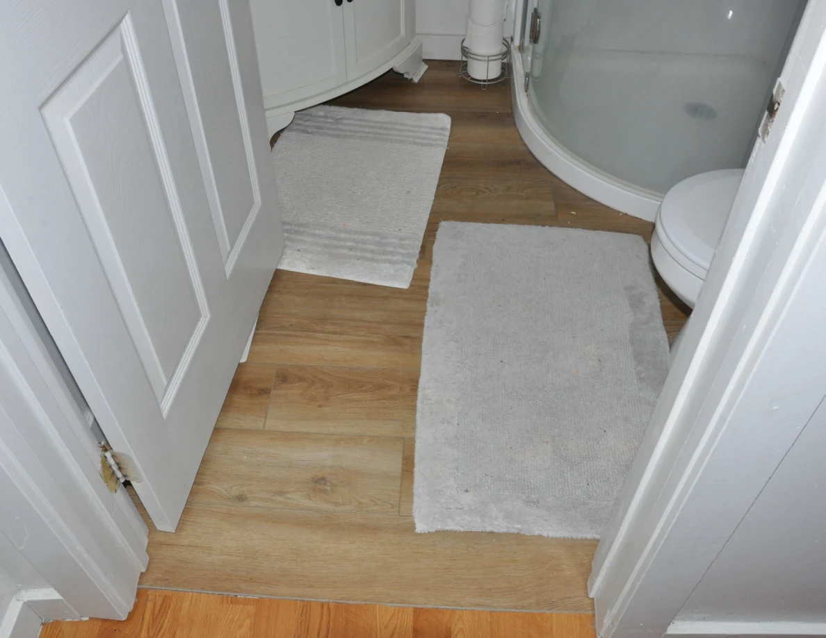 Bathroom floor with pale mats between vanity, shower enclosure and toilet.