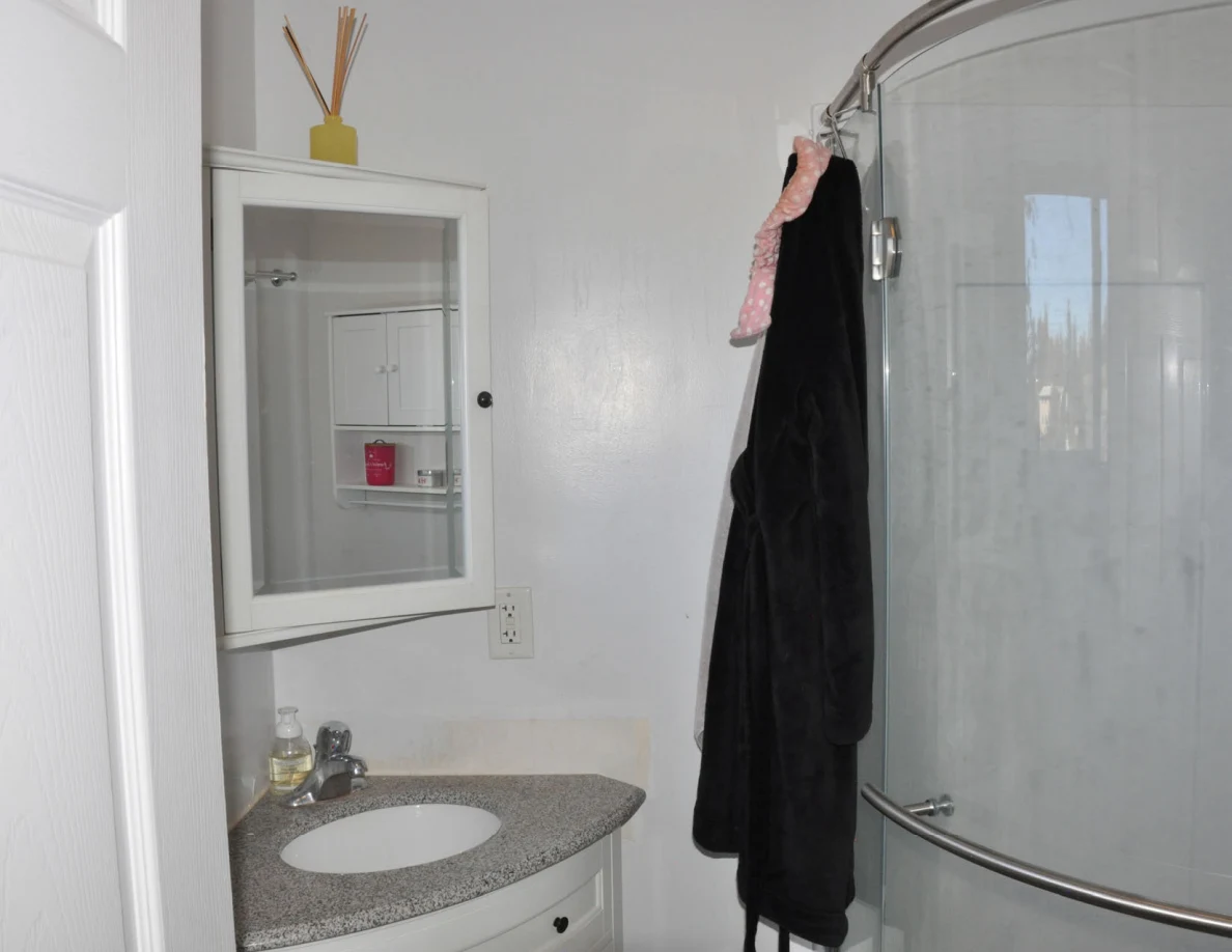 Vanity mirror with reed diffuser above, beside shower and hanging dark robe.
