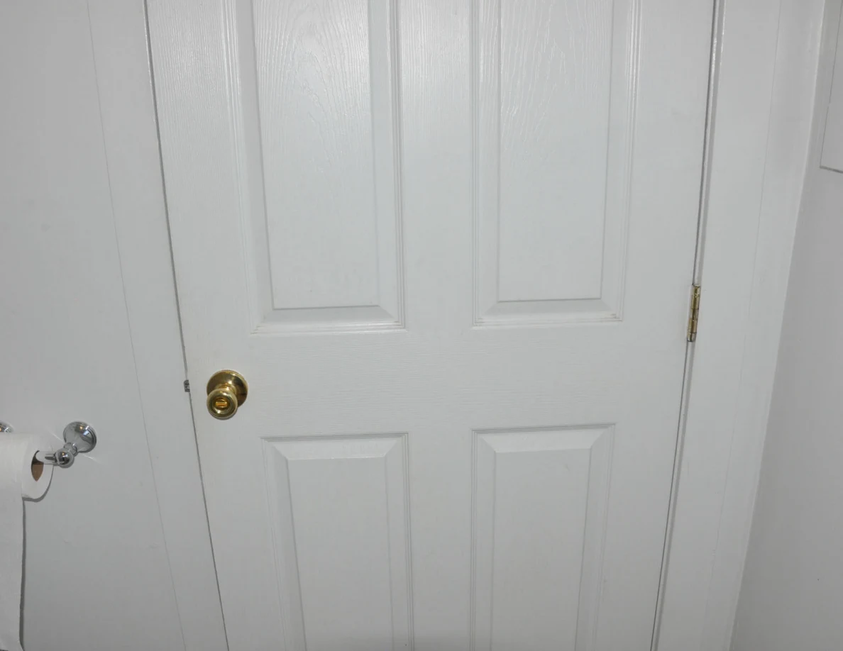 White paneled bathroom door with brass-colored knob beside toilet-paper holder.