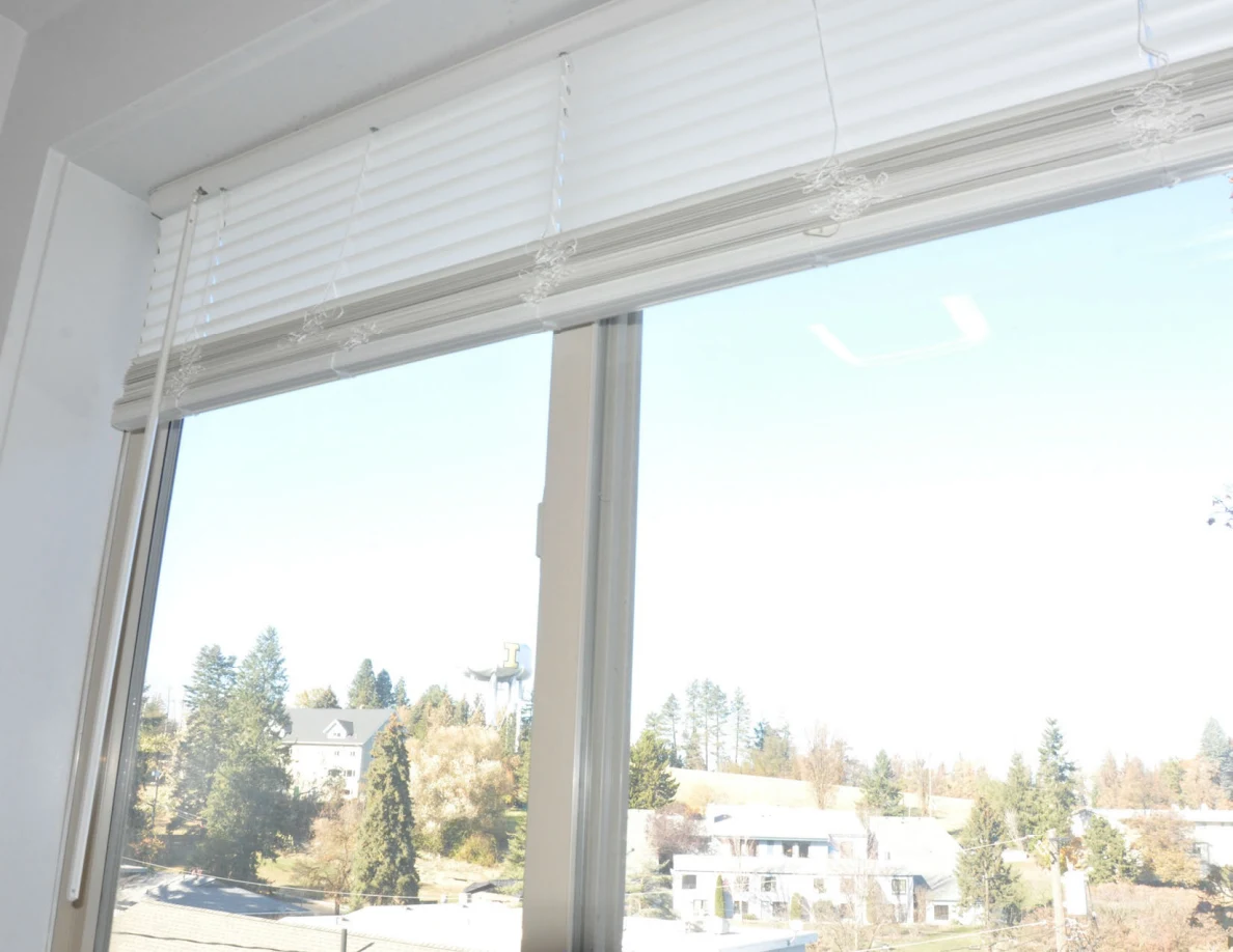 Bathroom window with raised white blind and buildings and trees visible outside.
