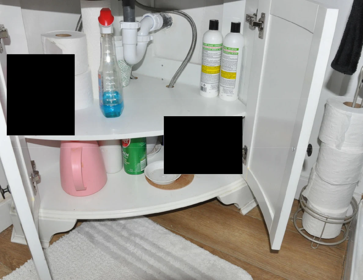 Open under-sink vanity with white plumbing, cleaning bottles, pink jug and paper towels, with black redactions.