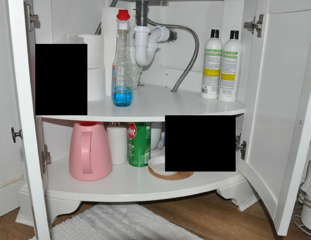 Angled view inside an open under-sink vanity containing cleaning bottles, a pink jug and paper towels, with black redactions.