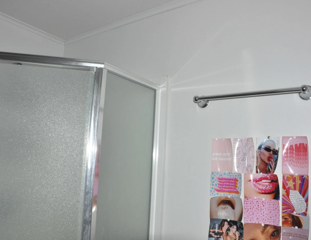 Frosted-glass shower corner beside a metal towel bar and pink collage.