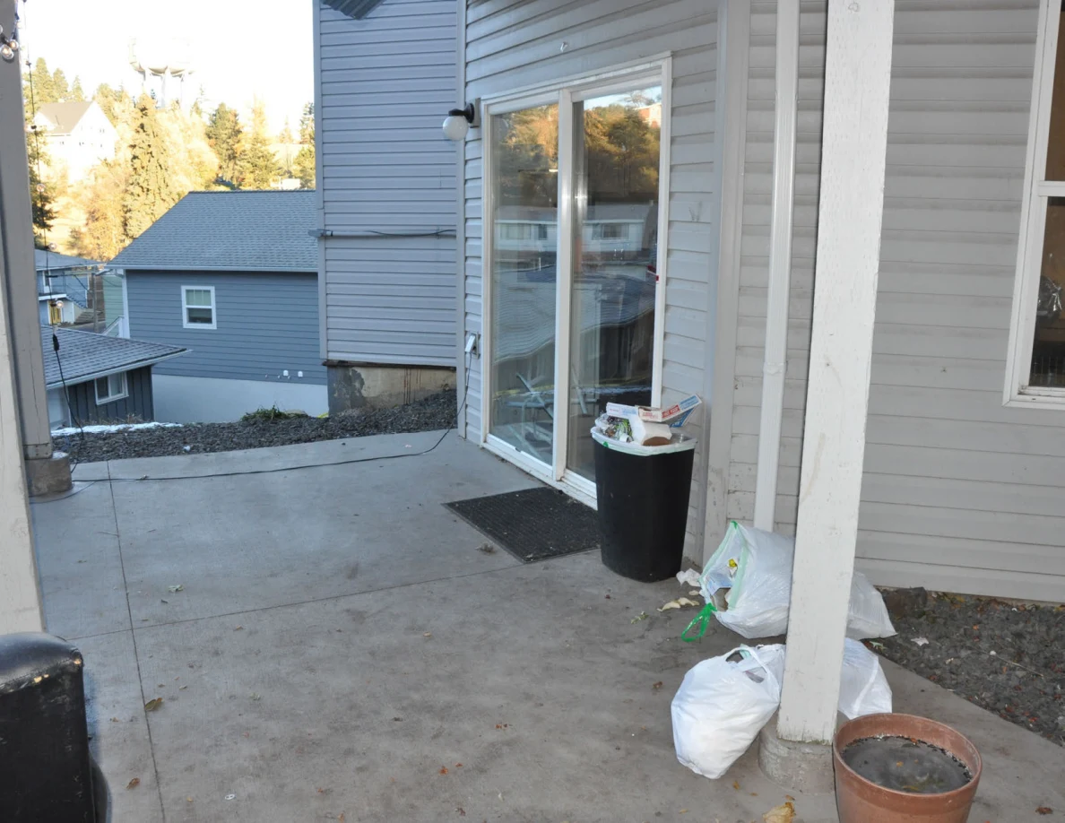 Concrete patio with sliding glass door, trash bin, white bags, plant pot and deck post.