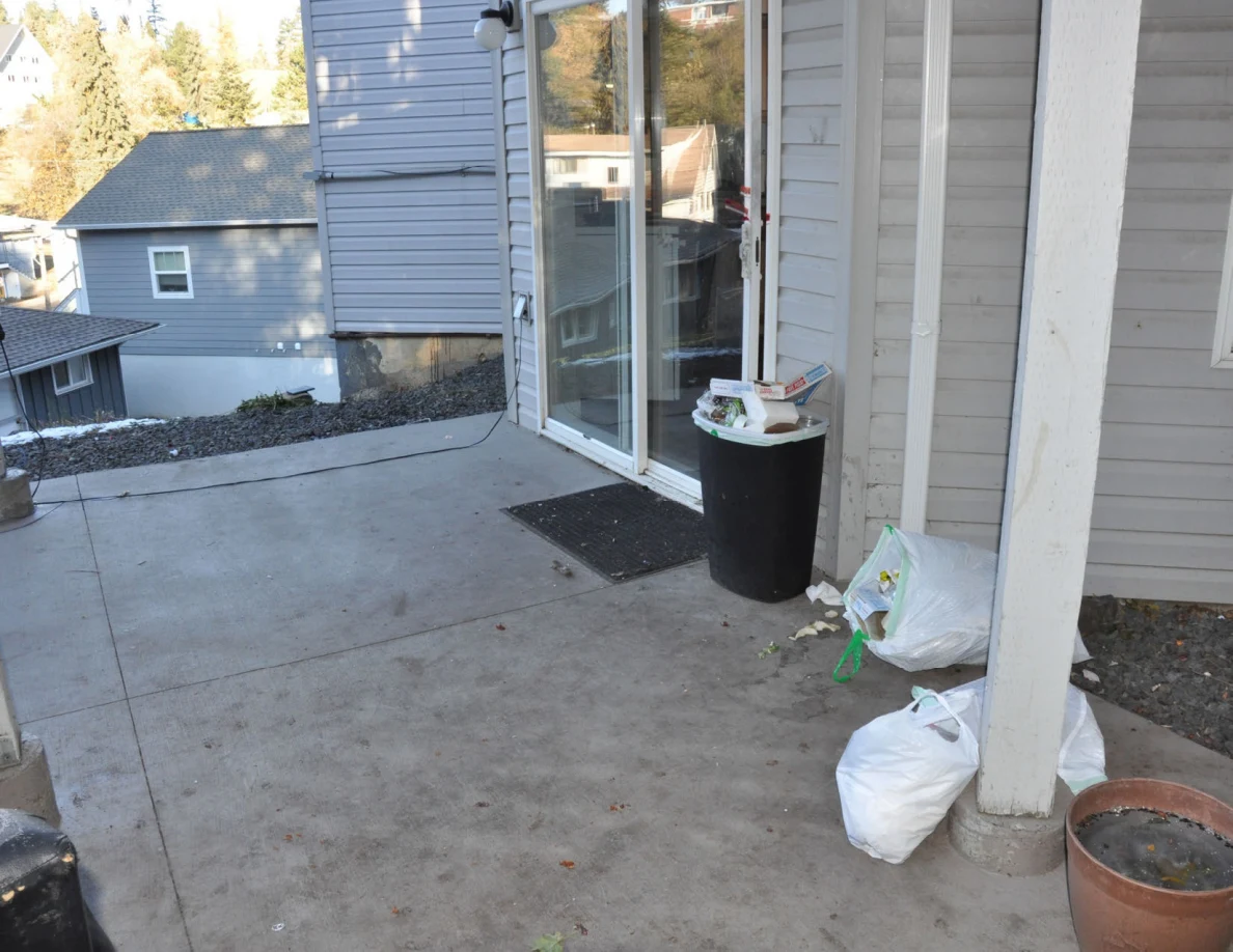 Concrete patio beside sliding glass door, with black trash bin, white bags and plant pot.