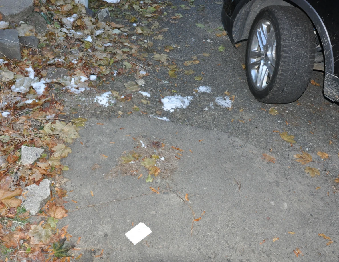 White paper lying on pavement beside fallen leaves, snow and a vehicle tire.