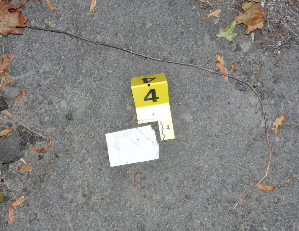 White paper on pavement beside yellow marker 4, a twig and fallen leaves.