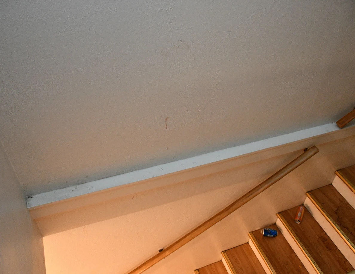Pale wall with a small reddish vertical mark above stairs and a wooden handrail.