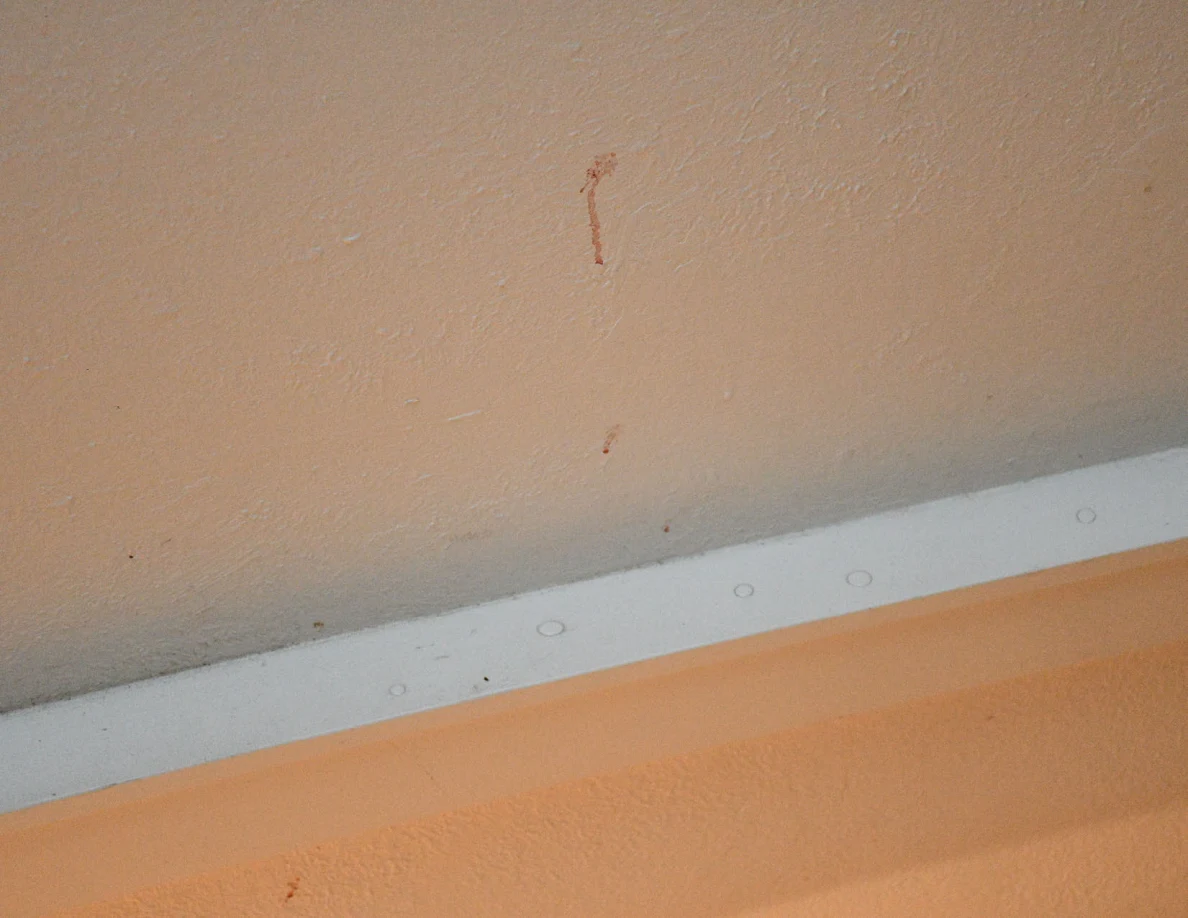 Reddish mark on a stairwell wall above white horizontal trim.