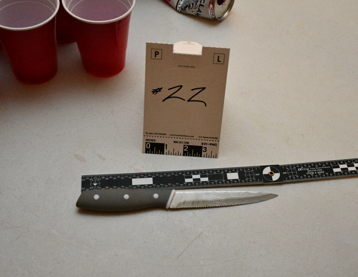 Serrated knife with dark handle beside a measurement ruler and card 22 on a white table.