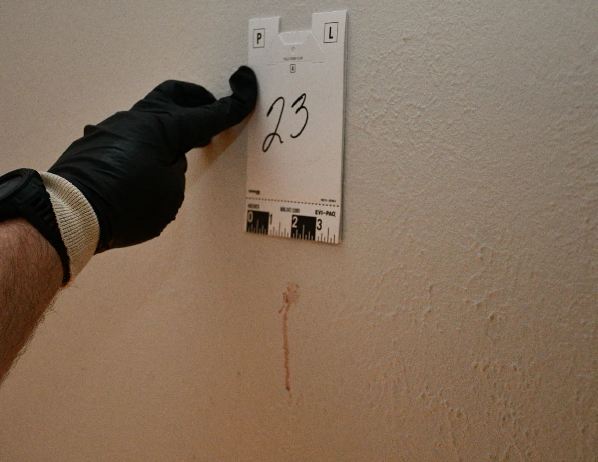 Black-gloved hand holding card 23 beside a reddish vertical mark on a textured wall.
