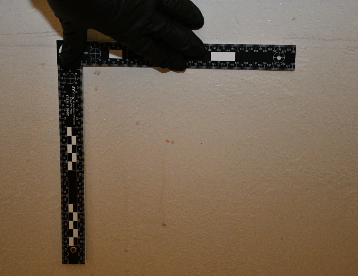 L-shaped ruler held beside small reddish spots on a pale wall.