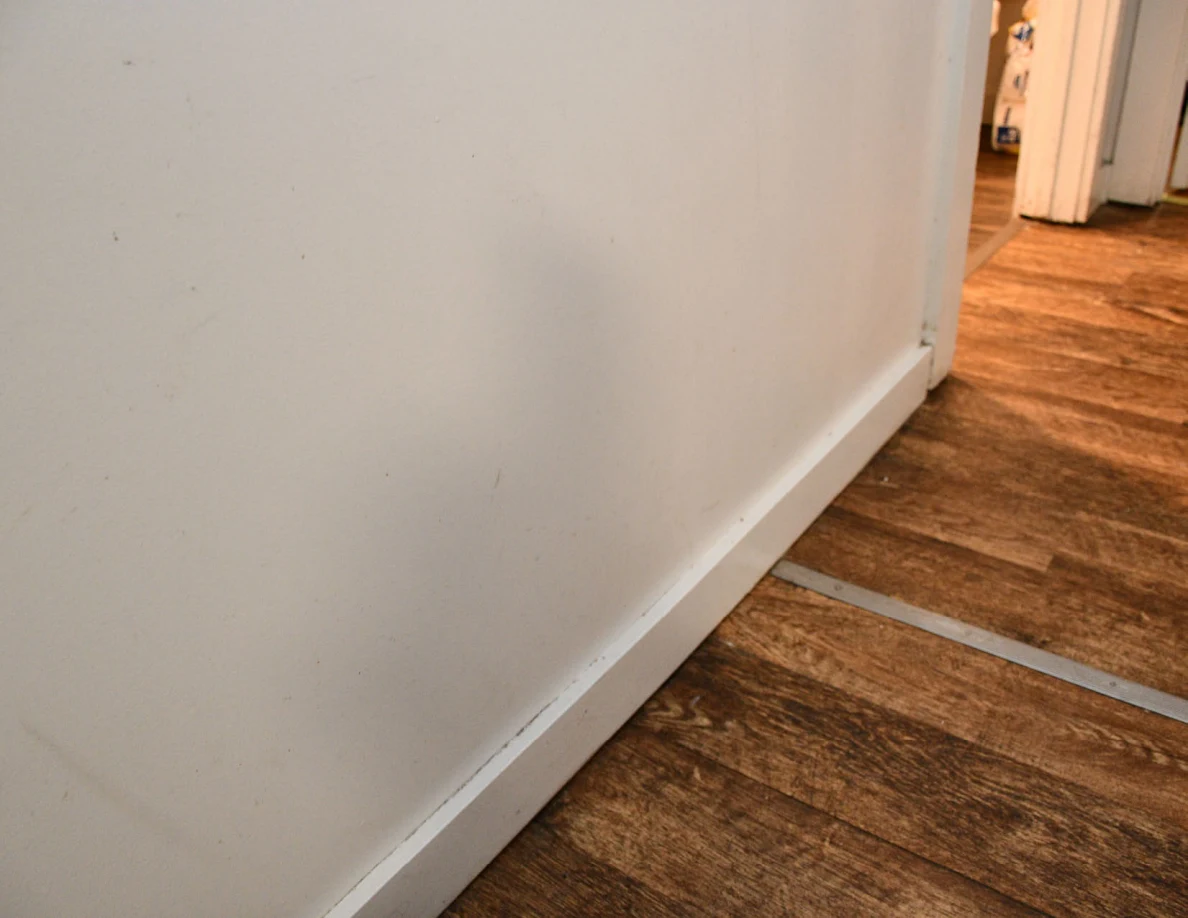 Lower hallway wall, white baseboard and wood-look floor near a doorway.