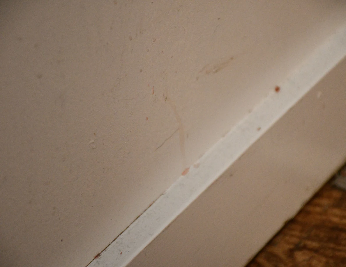 Close view of faint reddish marks beside a white baseboard.