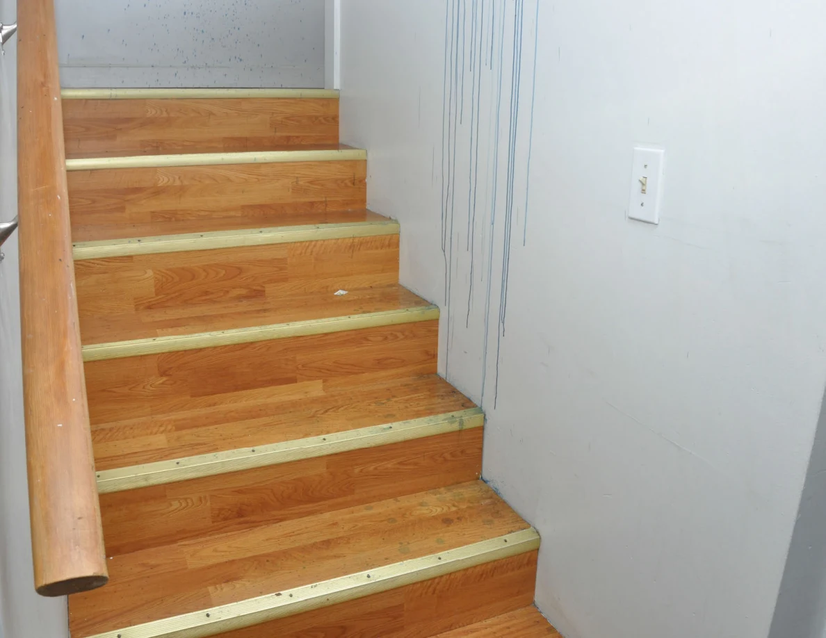 Wooden stairs with metal edge strips beside a wall bearing long blue streaks.
