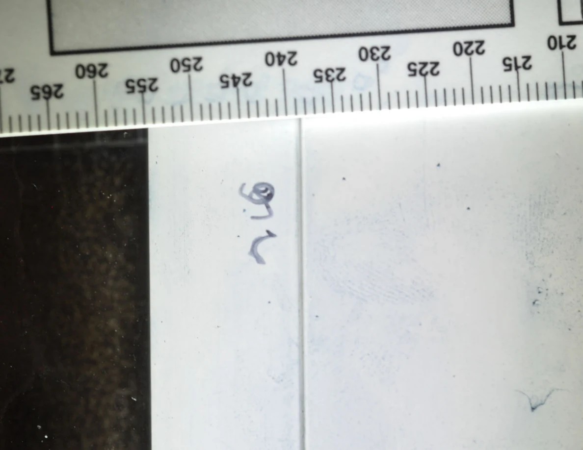 Faint blue ridge-pattern marks and handwriting on a white frame beneath a ruler.