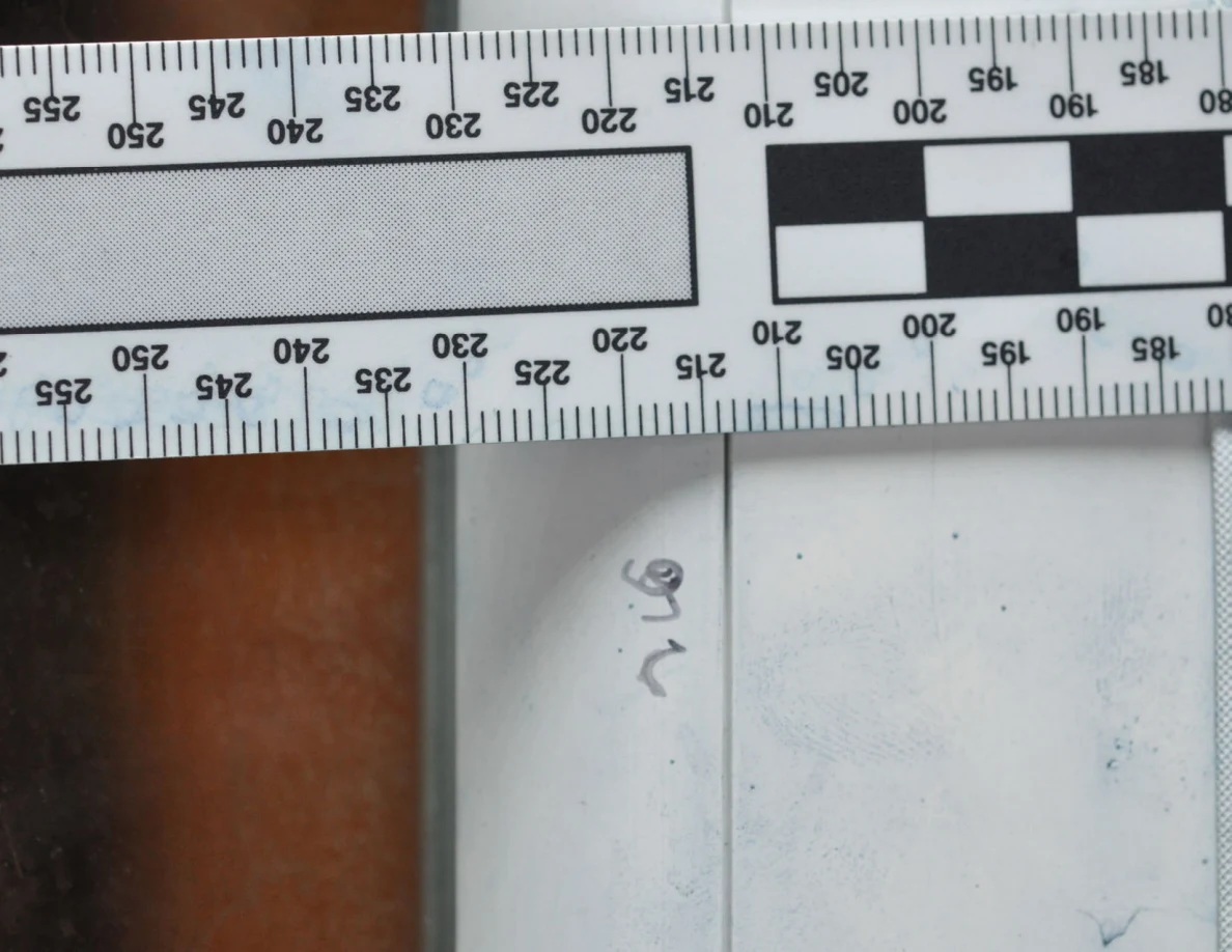 Close view of faint blue ridge-pattern marks and handwriting on a white frame below a ruler.