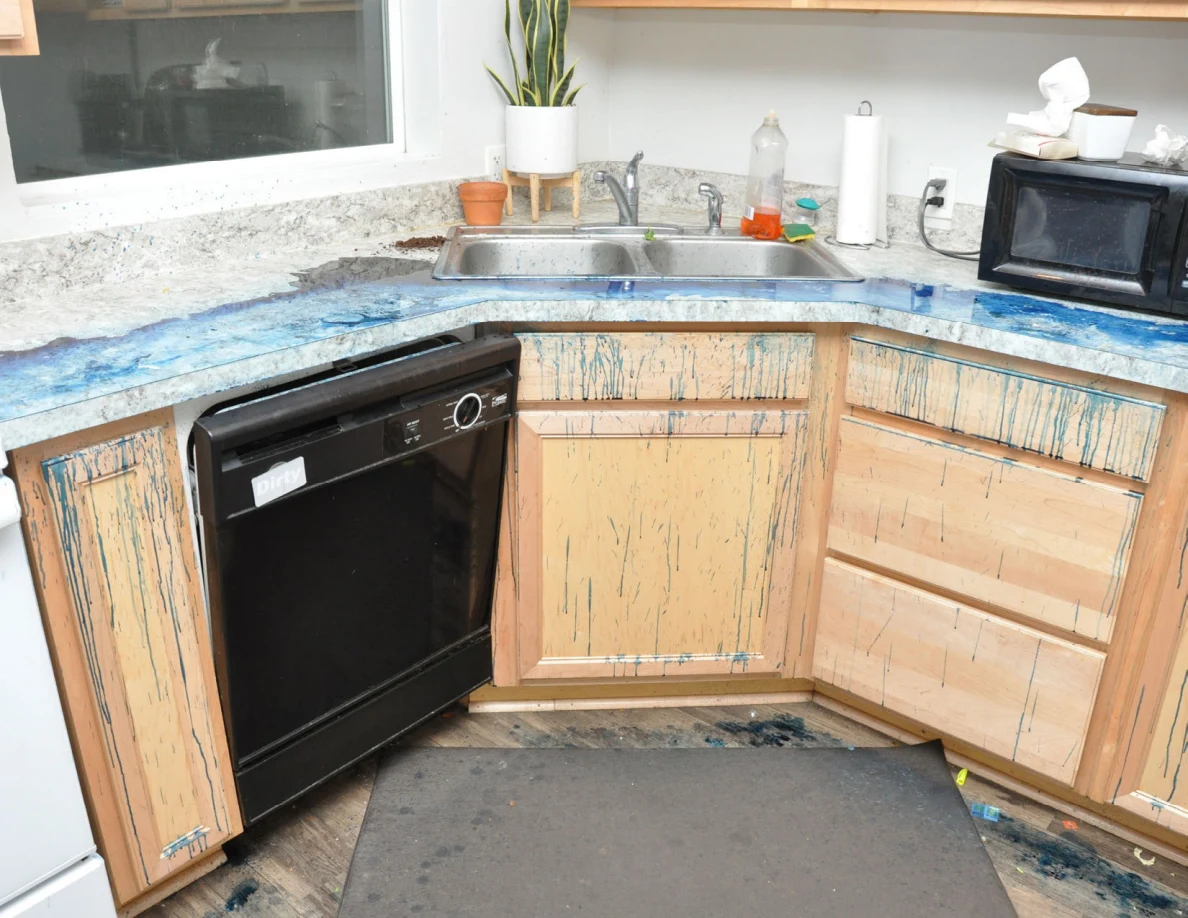 Double kitchen sink above wooden cabinets streaked with blue residue beside a black dishwasher.