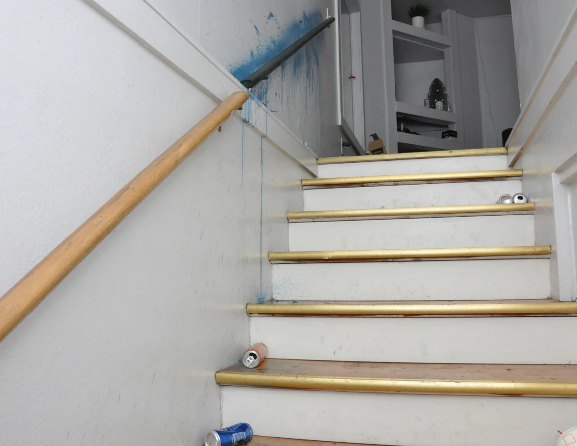 Stairs with scattered drink cans beneath a blue-marked upper handrail.