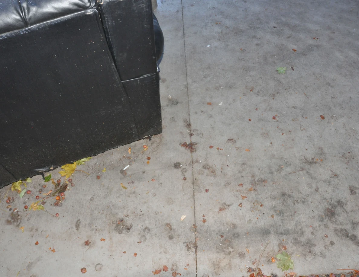Concrete patio with scattered leaves and debris beside the back of a black sofa.