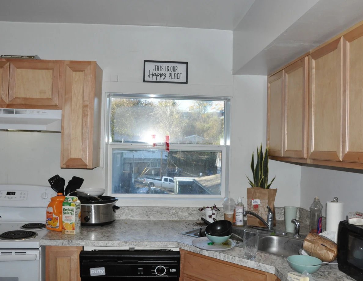 Kitchen window above sink and dishwasher, with wooden cabinets, dishes, drink containers and a slow cooker.