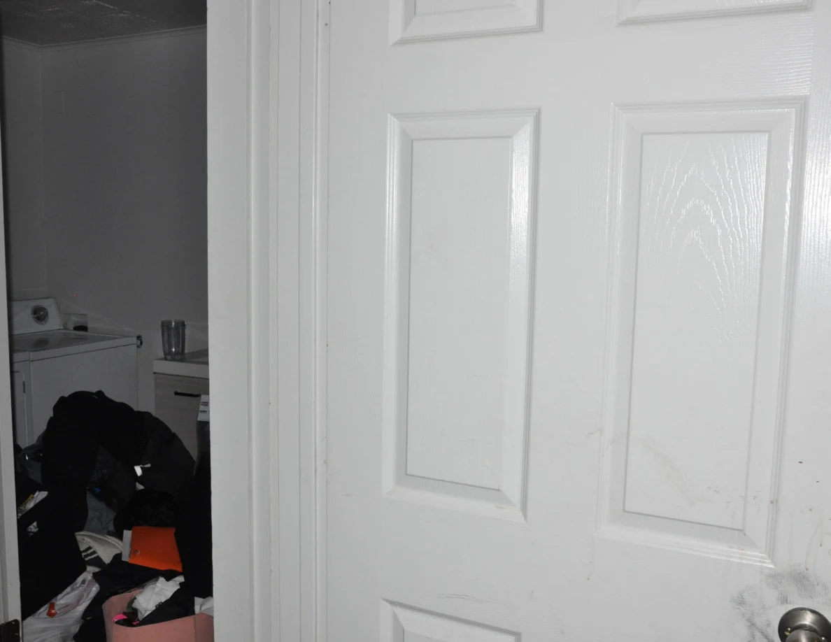 Upper portion of a white panel door with faint marks, with laundry room beyond.