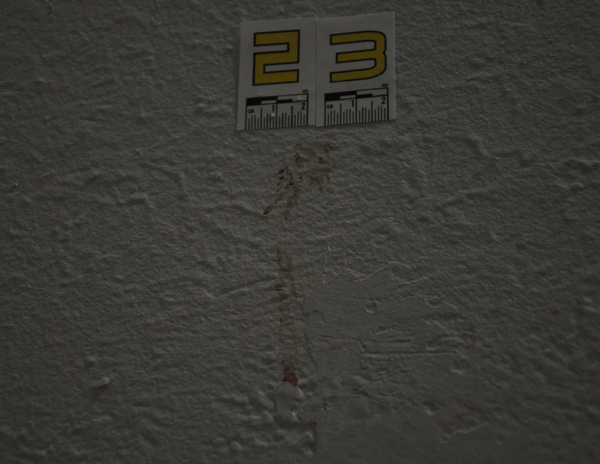 Close view of label 23 above a narrow reddish wall streak under subdued lighting.