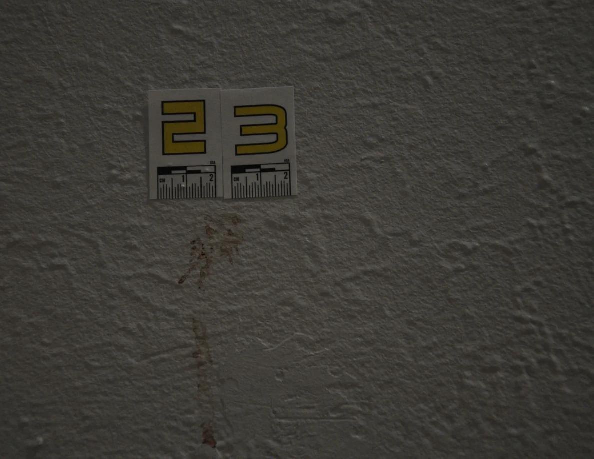 Closer view of label 23 and reddish marks on textured paint.
